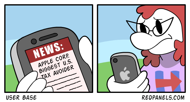 A comic about how liberals will not ditch Apple products just because they avoid taxes.