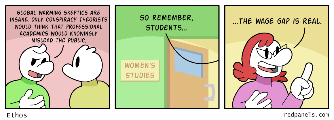 A comic illustrating that similar to feminists, other academics have the capacity to mislead. 