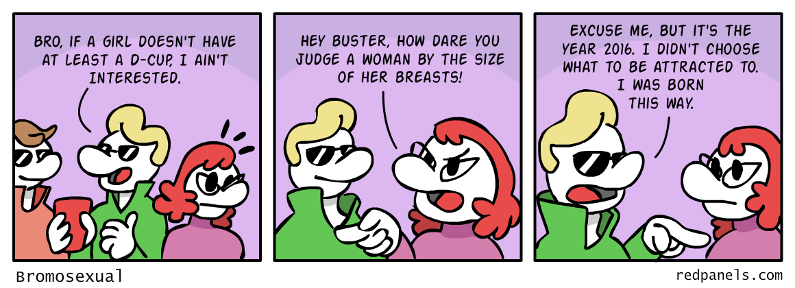 A comic about a feminist judging people for their innate sexualities. 
