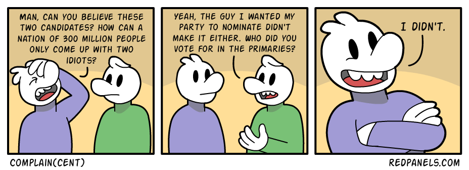 A comic about the rediculousness of complaining about presidential candidates if you didn